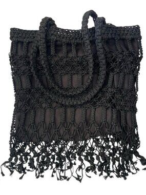 Vintage Carrie Forbes Black Crochet Macrame Fringe Net Tote Bag